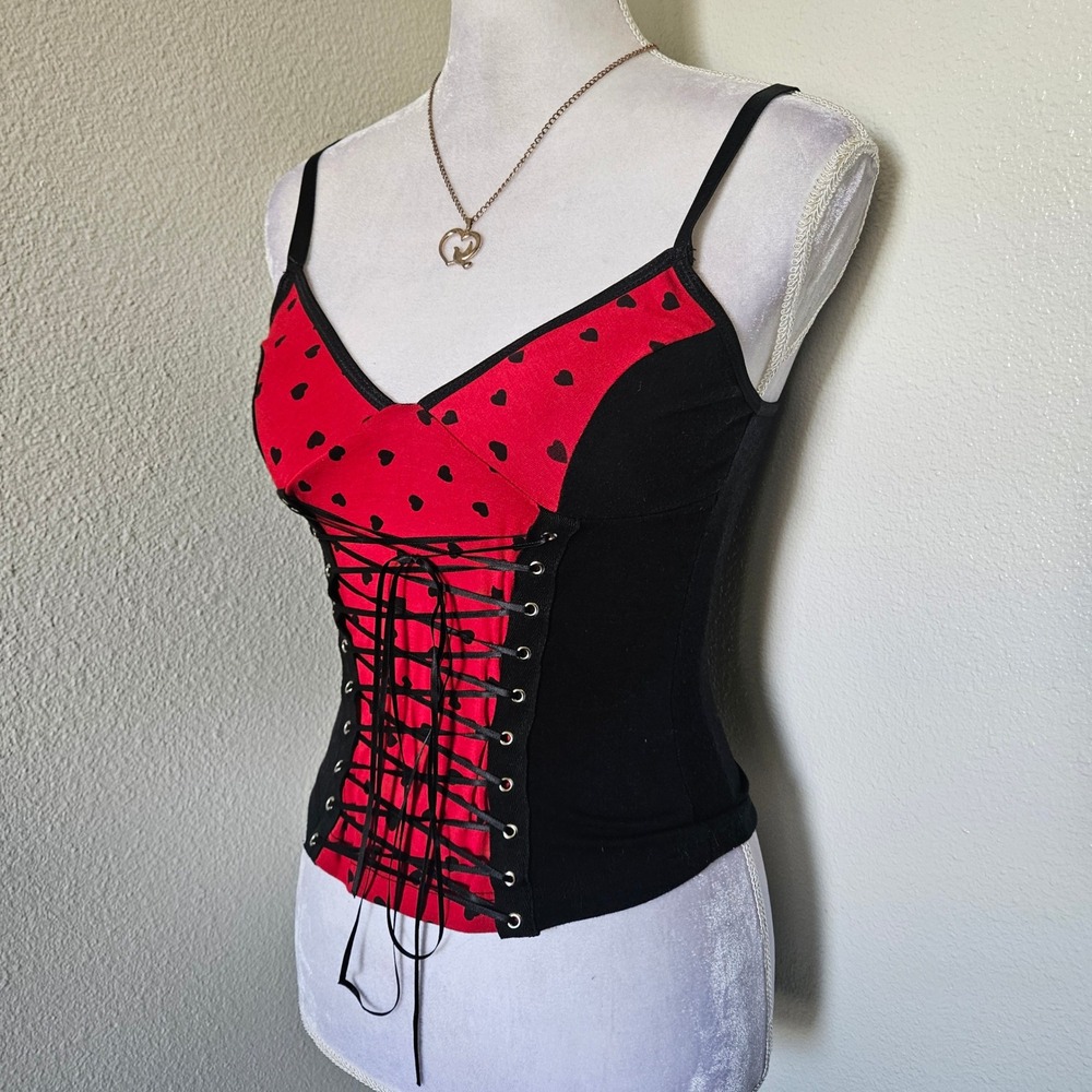 Royal Bones Red Black Heart Corset Lace Up Camisole Top